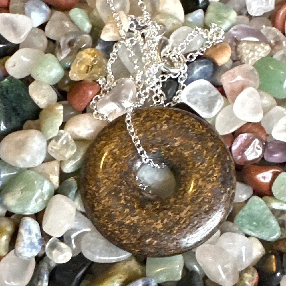 Iron Tigers Eye Jasper Sterling Silver Donut NecklaceWorry Stone Courage 46$